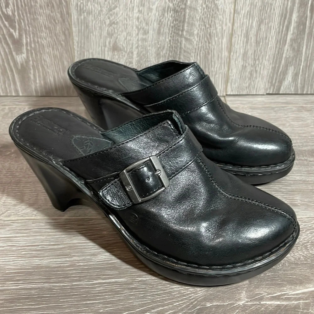 Born Black Leather Buckle Heeled Clogs Mules 8